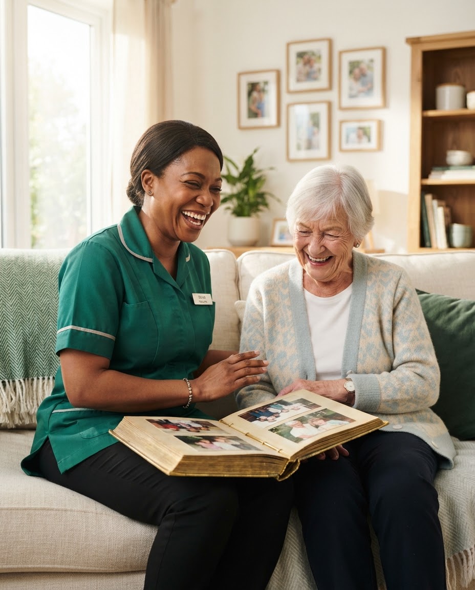 Caregiver sharing a warm moment with an elderly woman