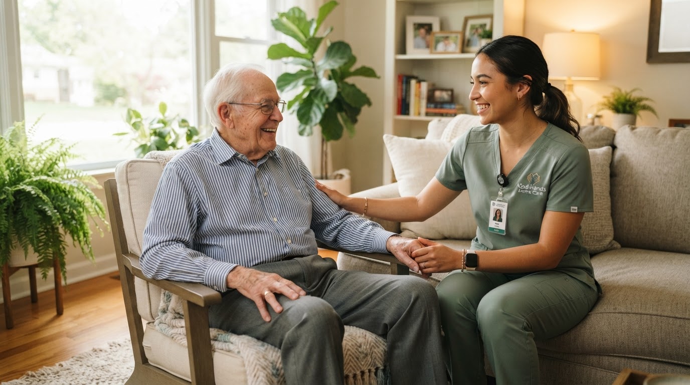 Caring nurse assisting a happy elderly man at home